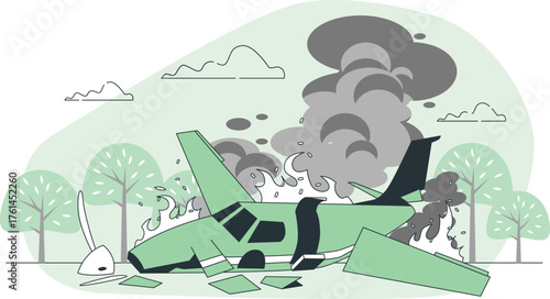 Crashed airplane on fire with smoke and debris in a forest setting accident