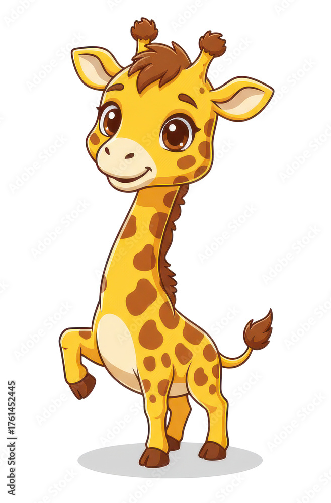 Fototapeta premium Cute Cartoon Baby Giraffe Standing on Transparent Background With One Leg Raised