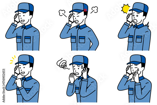 スマートフォンで通話するつなぎ作業服の男性　セット