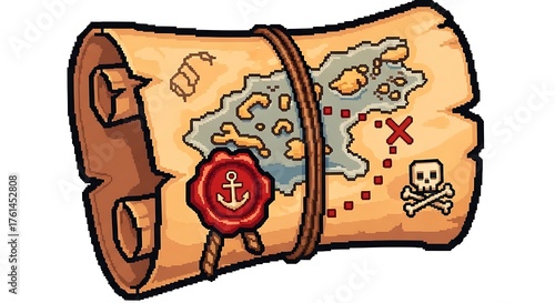 Pirate Treasure Map Scroll with Island and Skull Illustration.