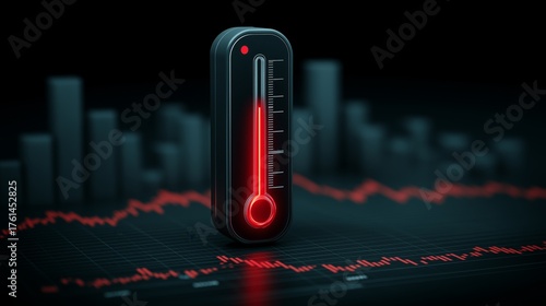 Red glowing thermometer over bar and line financial chart symbolizing inflation surge, overheating economy, and market volatility