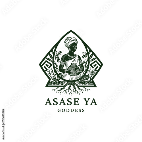 Vintage engraving style illustration of the African goddess Asase Ya, the Ashanti Earth Mother, holding a pot from which a plant is growing, surrounded by foliage and prominent roots