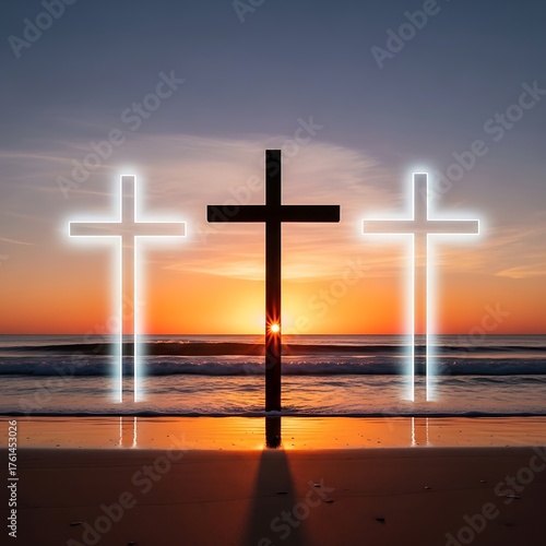Three Crosses at Sunset - Faith, Hope, and Redemption by the Sea.