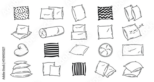 Doodle drawing pillow set. Soft pillow for sleep, outline hand drawn pillows. Rest bedroom decoration. Hand drawn cozy pillows for bed and sofa