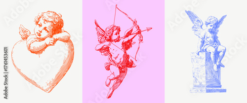 Elegant vintage cupid angels with heart, bow, and statue. Pencil illustrations for Valentine cards, romantic decor, classical art design projects.
