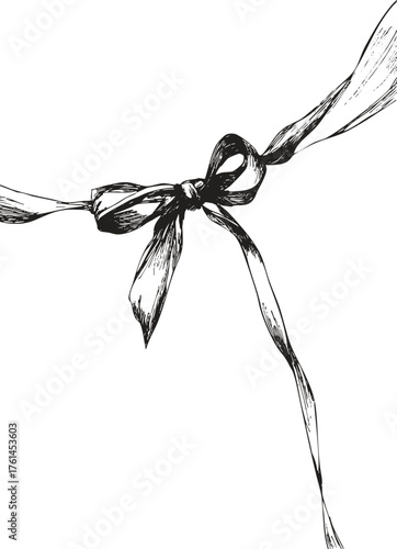 Graceful loose ribbon bow ink illustration, simple and soft line art element for decorative packaging and minimal festive design.