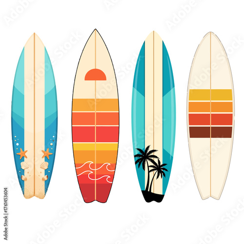 Set of cartoon surfboard vector illustration. Surfing icons on white background