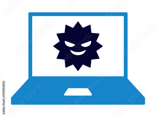 サイバー攻撃の脅威を表すノートパソコンに表示されたウイルスのイラスト