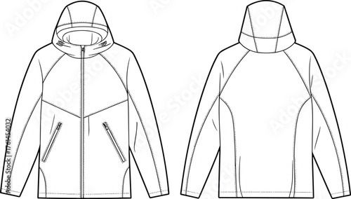 Cad drawing flat vector illustration, technical fashion sketch, hooded jacket design, garment construction, apparel template, zipper closure, raglan sleeves