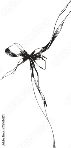 Delicate thin ribbon bow drawn with ink, simple and elegant line art illustration for cards, packaging, festive decor.