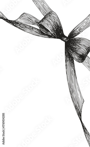 Dynamic flowing ribbon bow ink drawing, hand drawn decorative element with long elegant lines for packaging, design, cards.