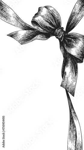 Flowing pencil draw ribbon bow in black ink. Vector delicate decorative vector illustration for cards, labels, elegant packaging.
