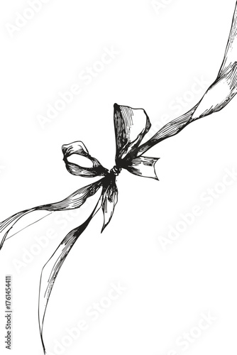 Elegant diagonal ribbon bow pencil draw with ink, minimal detailed line art illustration for cards, packaging, decor projects.