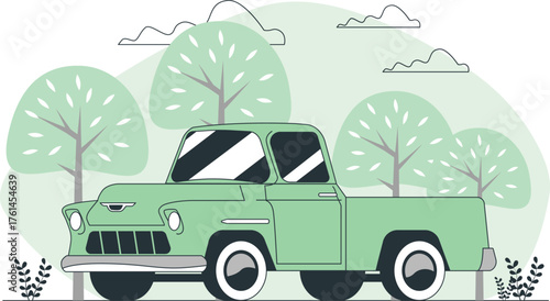 Vintage green pickup truck parked in a park with trees retro classic