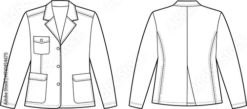Tailored jacket technical flat sketch, front and back view, fashion design template, garment construction drawing, apparel illustration for pattern making