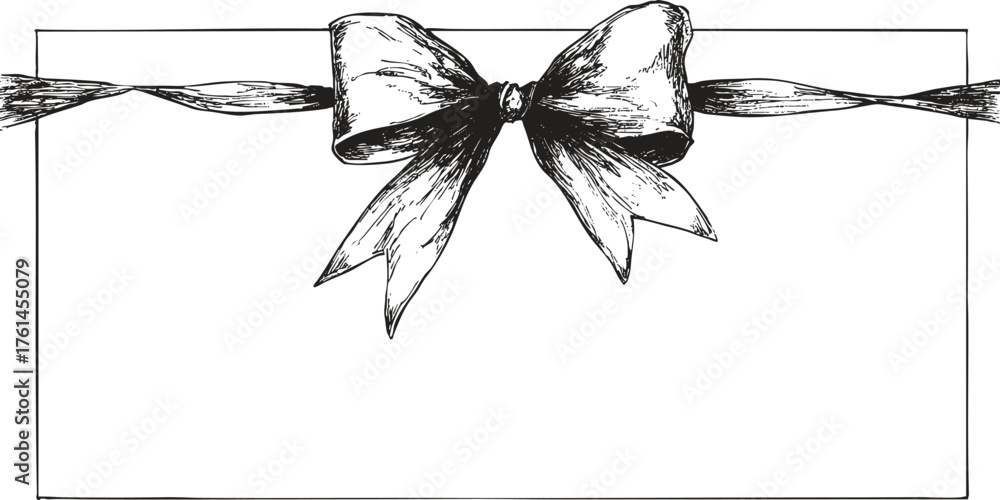 Fototapeta premium Horizontal pen draw bow ribbon border in detailed sketch. Vector crayon Christmas cards, invitations, festive graphic templates.