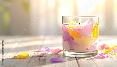 花びらの飾りの美しいアロマキャンドル、コピースペース、