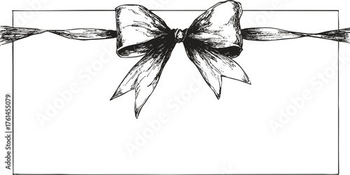 Horizontal pen draw bow ribbon border in detailed sketch. Vector crayon Christmas cards, invitations, festive graphic templates.