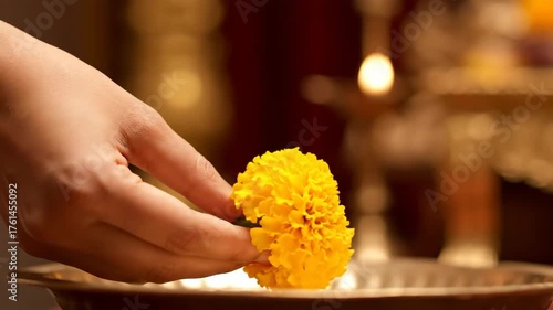 Gentle Hand Offering a Vibrant Yellow Marigold Flower During a Sacred Puja Ceremony
