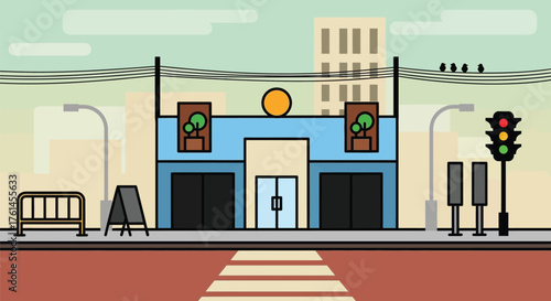 Cartoon city street scene with building and traffic lights art