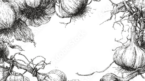 Hand drawn garlic border sketchy illustration with rustic vegetable composition. Detailed pen drawing for organic food packaging, restaurant menu or vintage kitchen decor design.