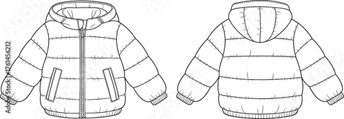 Puffer jacket technical flat sketch, front and back view, hooded winter coat design, quilted outerwear fashion CAD drawing flat vector illustration