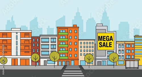 Mega sale city buildings cityscape urban cartoon illustration