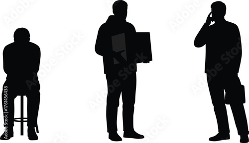 Silhouette of men in different postures sitting standing talking carrying box, business concept illustration, office work communication vector art