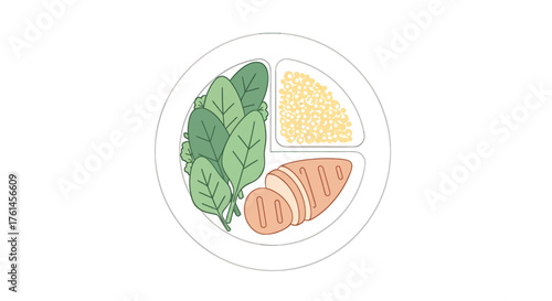 A minimalist illustration of a perfectly portioned plate for a healthy lifestyle, featuring lean chicken, fresh spinach, and wholesome grains