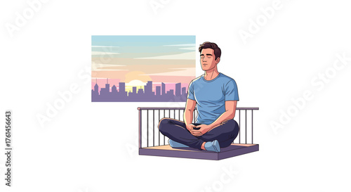 A man in lotus pose meditating on a balcony overlooking a city skyline at sunrise, promoting wellness and mindfulness