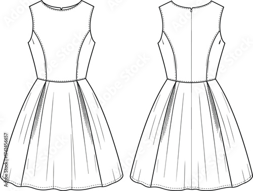 Cad drawing flat vector illustration, technical fashion sketch, sleeveless dress design, garment construction, apparel template, pleated skirt, sewing pattern