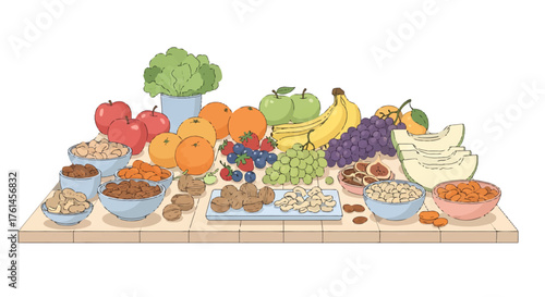 Vibrant illustration of fresh fruits, nuts, and vegetables, promoting a balanced and healthy diet for natural wellness and nutritious living on a wooden table