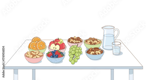A colorful and nutritious table spread showcasing fresh fruits, wholesome nuts, and refreshing water, perfect for a balanced breakfast or healthy snack selection
