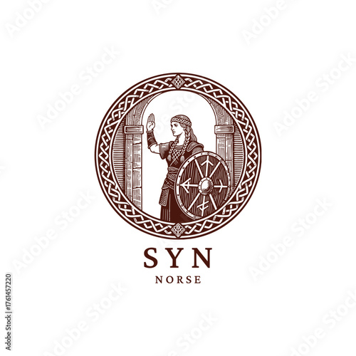 Vintage engraving style logo featuring the Norse goddess Syn, depicted as a brave, armored female warrior standing with a traditional Viking shield