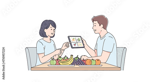 A happy couple using a digital tablet app for smart nutritional planning, sitting together at a table full of fresh healthy fruits
