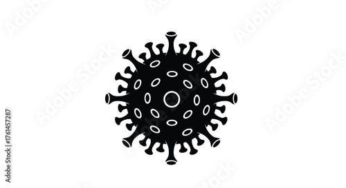 A simple black and white illustration depicting a coronavirus structure