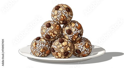Nutritious and delicious homemade energy bites with oats, chocolate chips, and shredded coconut, stacked on a white plate for a healthy snack or quick breakfast boost