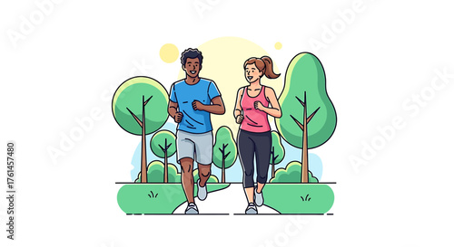 Healthy Couple Enjoying a Morning Jog in a Sunny Park Surrounded by Lush Green Trees and Plants