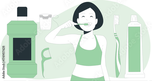 Woman brushing teeth with dental hygiene products including mouthwash toothpaste toothbrush and floss