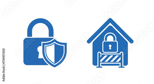 Secure home protection icons depicting a padlock shield and house