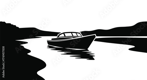 A striking black and white illustration of a boat on calm water