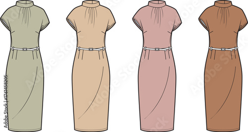 Elegant Dresses in Various Colors Fashion Design Flat Sketches