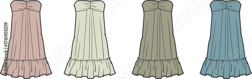 Four women's long maxi dress fashion illustrations, soft pastel colors. Elegant flowing designs with gathered top and ruffled hem, ideal for summer and resort style