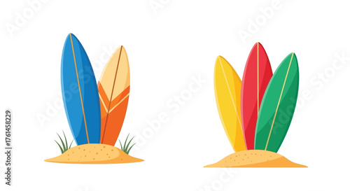 Colorful surfboards standing upright on sandy beaches summer vacation illustration
