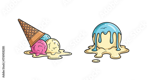Colorful illustration of melting ice cream cone and scoop with drips