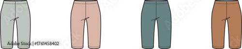 Four pairs of colorful casual pants displayed in a row on a white background, showcasing variety in shades