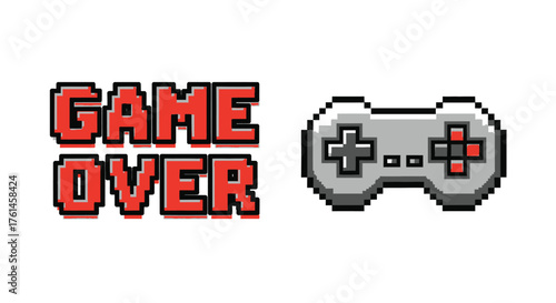 Pixelated game over screen with a retro controller illustration