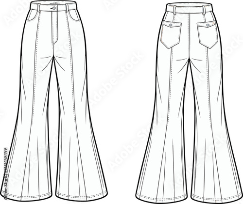 Flared pants fashion sketch, front and back view, high waist, patch pockets, cad drawing flat vector illustration, seam detail
