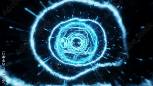 Glowing blue shield icon inside a digital tunnel