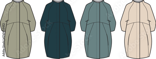 Four identical raincoats in different shades of muted earth tones and blues, presented as a flat illustration for design reference